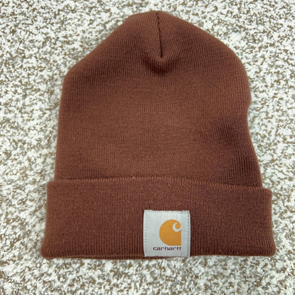 Carhartt Hat Beanie Mens One Size Brown A18 Knit Logo Winter Workwear Casual